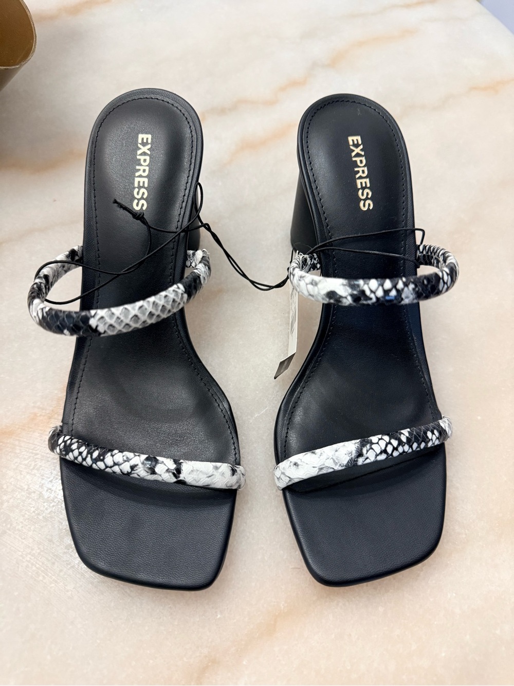 Express Black Heeled Sandals with Black & White Snake-Print Straps